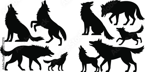 Foto Collection of wolf silhouettes featuring howling pack members and pups for natur