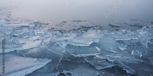 Chunks of ice sit on water in a cold location at dawn