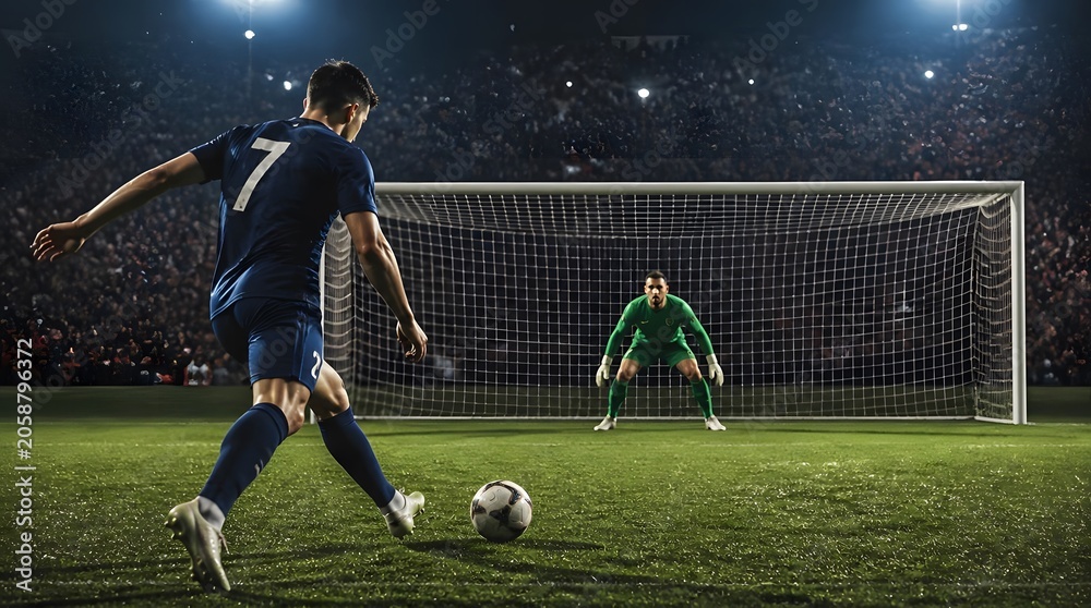 Naklejka premium Soccer Player Takes Penalty Shot Against Goalkeeper Dramatic Stadium Lighting