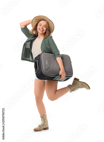 Happy young woman traveler ...