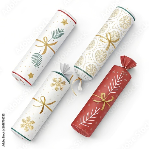 Four christmas crackers isolated on white background, festive and colorful