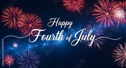Fireworks display with Happy Fourth of July text celebration night sky dark background