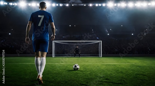 Soccer Player with Number 7 Jersey Approaches Ball for Penalty Kick Against Goalkeeper