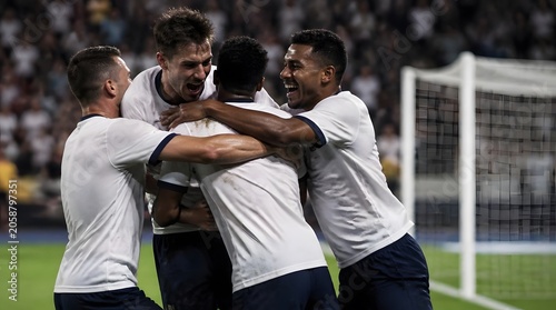 Soccer Players Celebrating Goal Together Team Uniforms Victory Joy