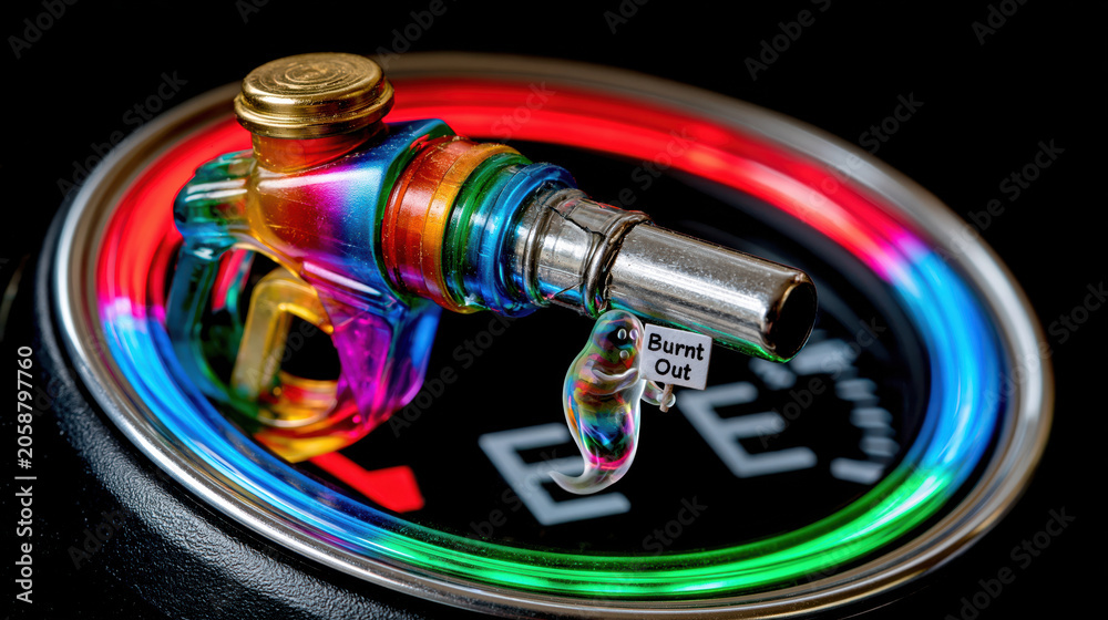 Naklejka premium Macro studio photography conceptual automotive fuel nozzle gauge colorful burnout fuel nozzle on gauge with colorful ring conveying burnout stress concept in macro studio photography