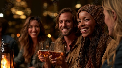 Friends enjoying drinks and conversation outdoors at night with warm lighting