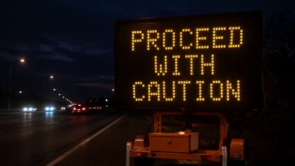 A mobile highway sign at night warning motorists to proceed with caution