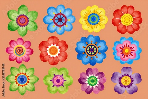 A bunch of colorful flowers on an orange background