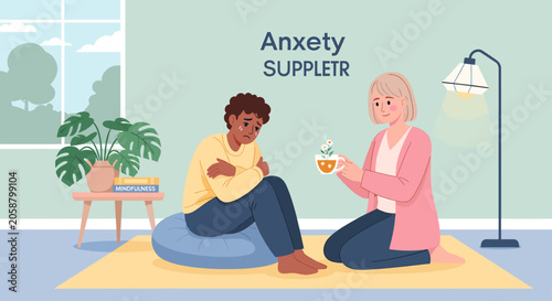 Εκτύπωση καμβά A supportive person offering a warm drink to a sad person experiencing anxiety in a home setting