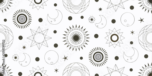 Εκτύπωση καμβά Celestial Pattern With Suns Moons And Stars On White Background