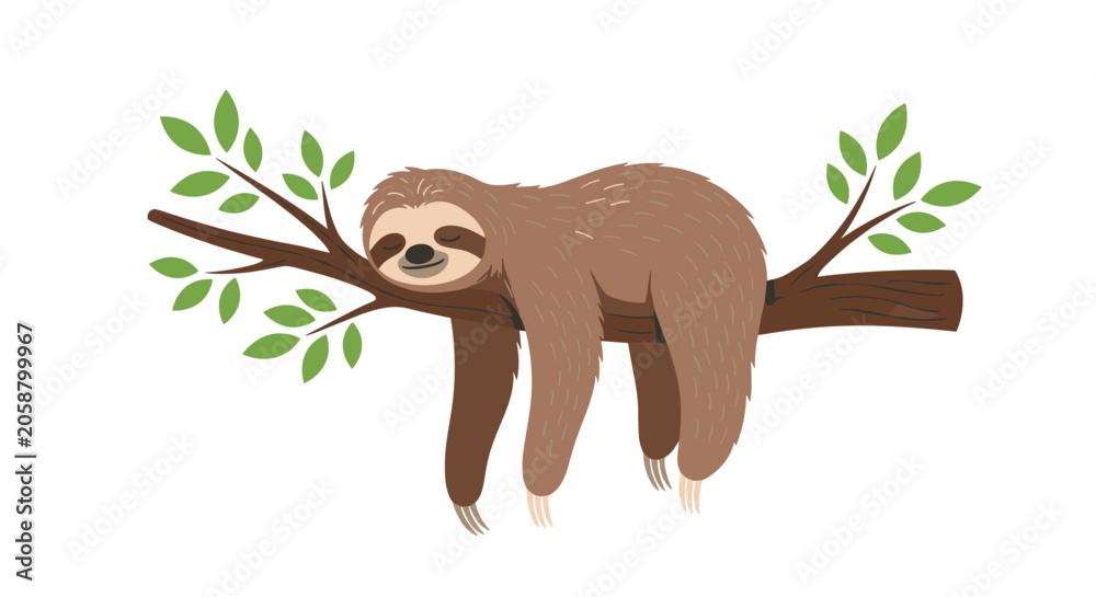Fototapeta premium Adorable brown sloth sleeping peacefully while hanging from a leafy tree branch is illustrated in a charming cartoon style for relaxation.
