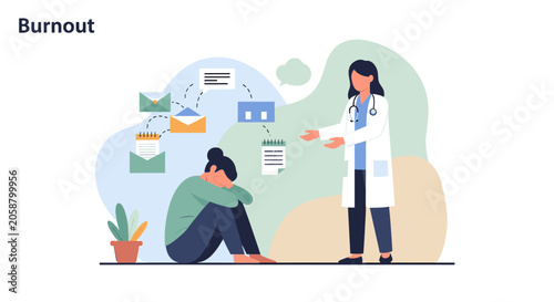 Foto Stressed employee suffering from job burnout receiving professional medical advice from a doctor