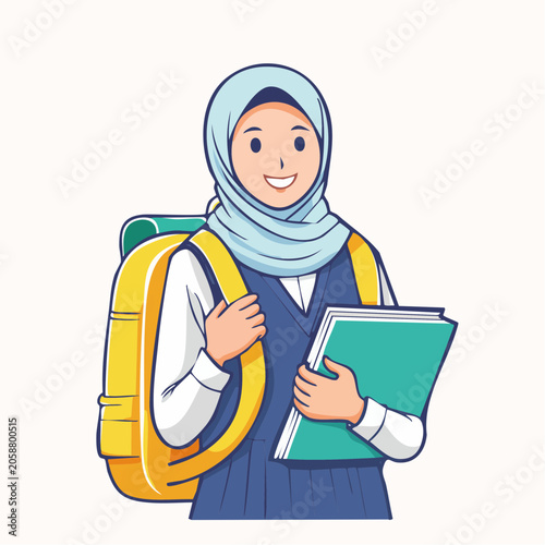 Smiling Muslim Student Girl with Backpack and Books