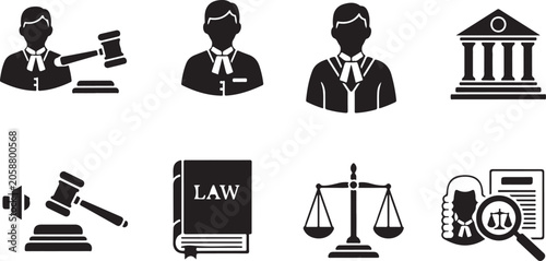 Foto Law, Justice, Icons, Set of 8, Black and White, Silhouette Style
