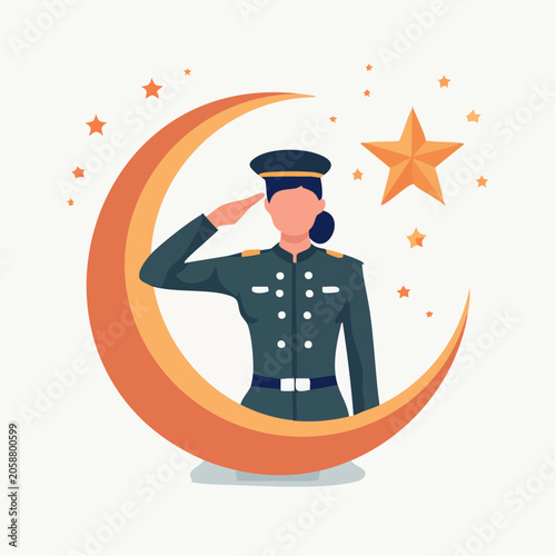 Woman in military uniform saluting with crescent moon and stars