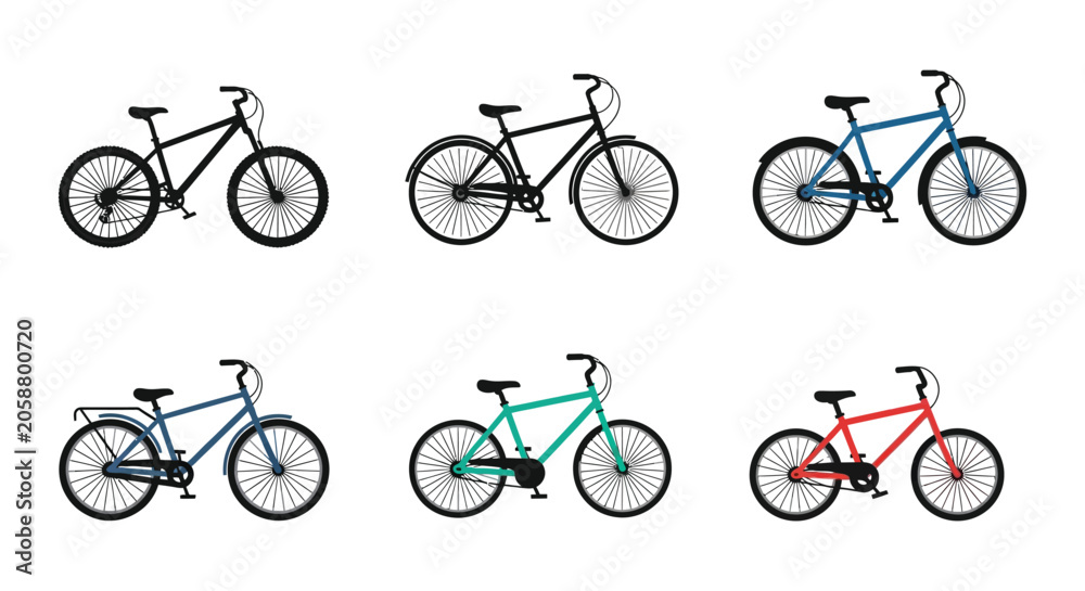 Fototapeta premium Colorful Bicycle Silhouettes With Circular Wheels And Curved Frames Silhouette