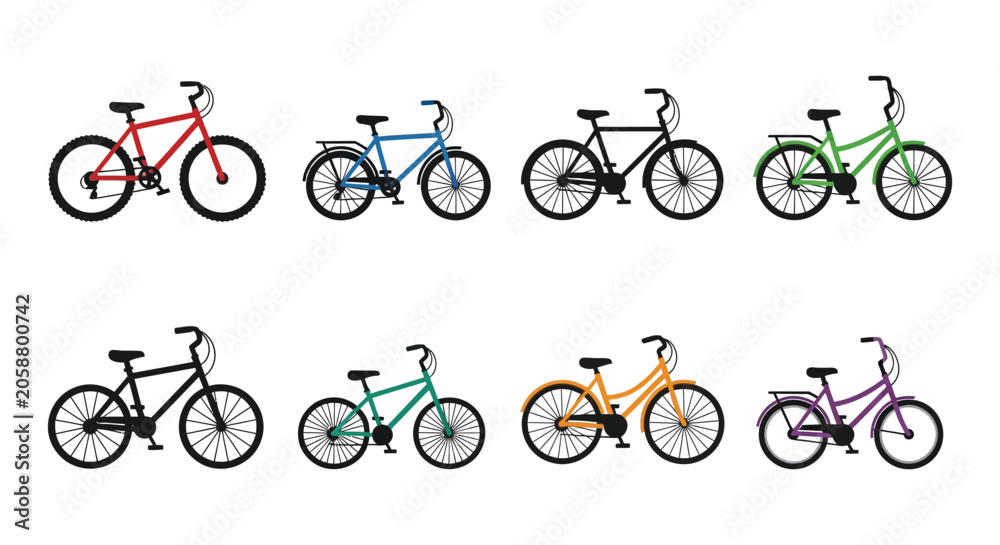 Fototapeta premium Colorful Bicycle Silhouettes In A Row Vector Illustration Silhouette