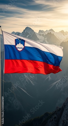 Slovenian flag waving proudly against a backdrop of majestic mountains and sky.