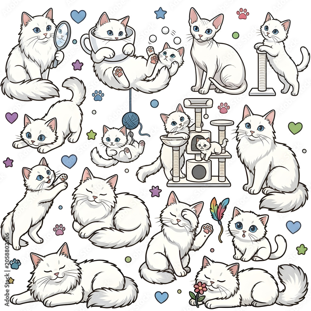 Fototapeta premium Ai generate Adorable White Cats Sticker Sheet