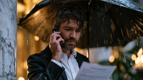 Legal challenges facing early stage startup illustrated through founder reviewing cease and desist letter in rain soaked building lobby, attorney on speakerphone, wet umbrella propped against marble