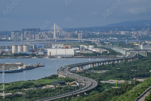 Landscape View Of The Famous Danjiang (Tamsui-Kavalan) Bridge (Single-Tower Cable-Stayed) At Sunset, Bali, New Taipei, Taiwan