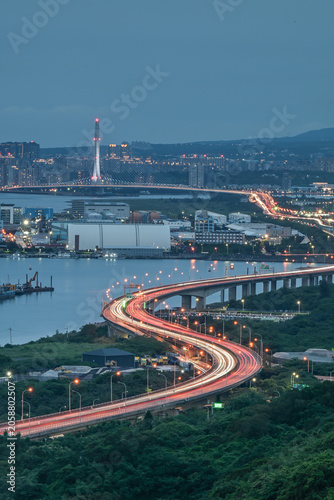Landscape View Of The Famous Danjiang (Tamsui-Kavalan) Bridge (Single-Tower Cable-Stayed) At Sunset, Bali, New Taipei, Taiwan