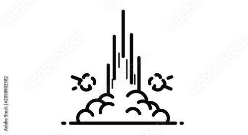 Black and white minimalist vector illustration showing a rocket launch smoke trail or a high speed upward energy burst.
