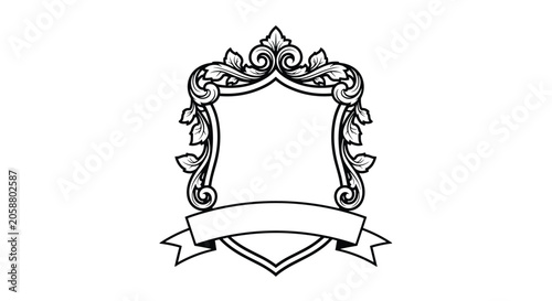 Elegant heraldic shield frame with ornate floral scrolls and a blank ribbon banner at the bottom for custom text or logo.
