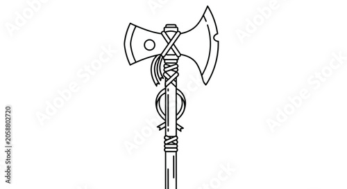 Detailed black and white line art of a majestic double headed battle axe with a decorative wrapped handle for combat.