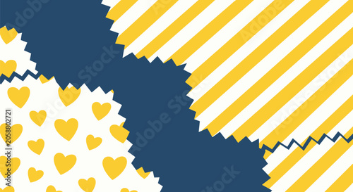 Vibrant abstract background pattern featuring yellow hearts yellow and white stripes and dark blue jagged shapes.