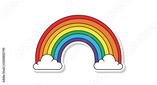 Bright and colorful rainbow with seven distinct stripes and two fluffy white clouds at each end as a sticker icon.