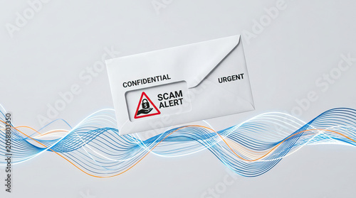 Phishing scam alert on confidential envelope with urgent message and digital voice waves representing ai technology protecting against fraud and cybercrime threats