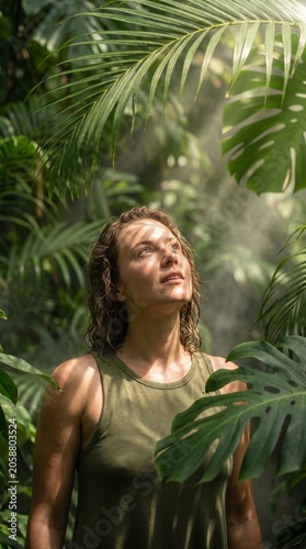 Young woman standing in lush tropical greenhouse surrounded by exotic green jungle plants