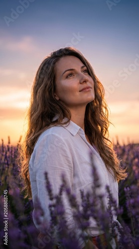 Young woman standing in blooming lavender field during warm golden sunset light