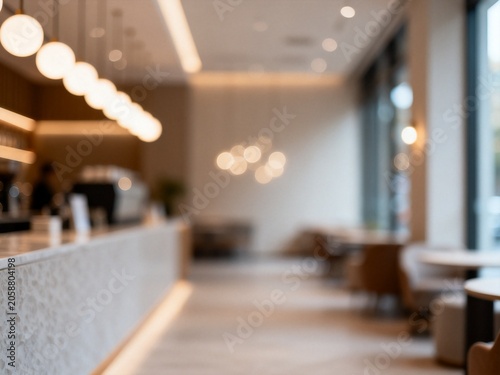 Blurred Modern Cafe Interior with Warm Lighting
