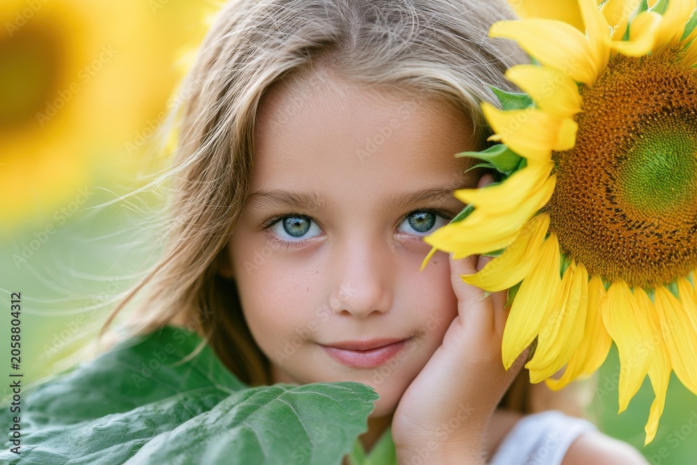 Fototapeta premium Young girl with blue eyes poses next to a sunflower in a field, surrounded by green leaves and bright yellow petals, illuminated by natural sunlight