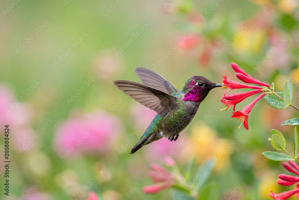 Obraz premium Hummingbird hovering near red flowers in a garden setting