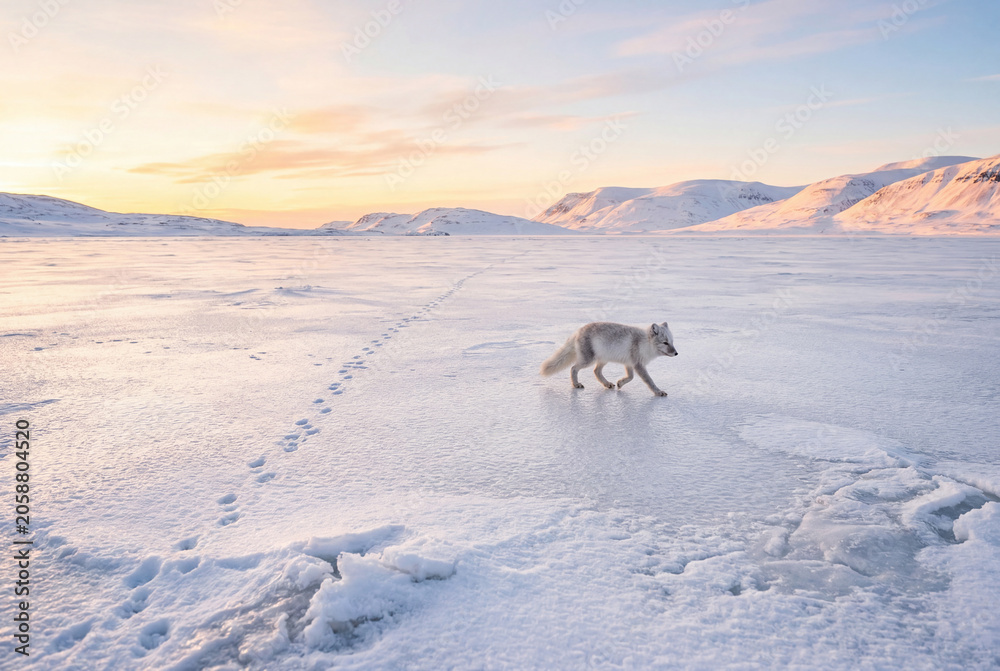 Obraz premium Arctic fox walking across vast snowy landscape at sunset