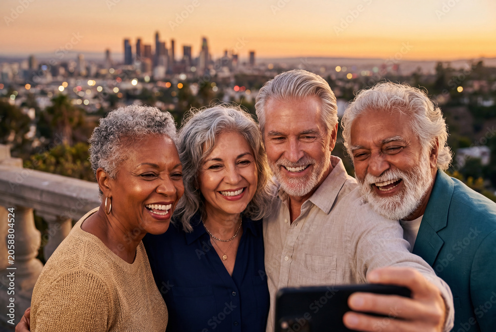 Obraz premium Diverse group of smiling senior friends taking selfie at sunset