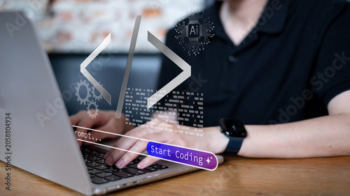 Quadro su tela Person using AI artificial intelligence in vibe coding software development prog