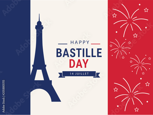 Happy bastille day celebrations with eiffel tower and fireworks on french national holiday