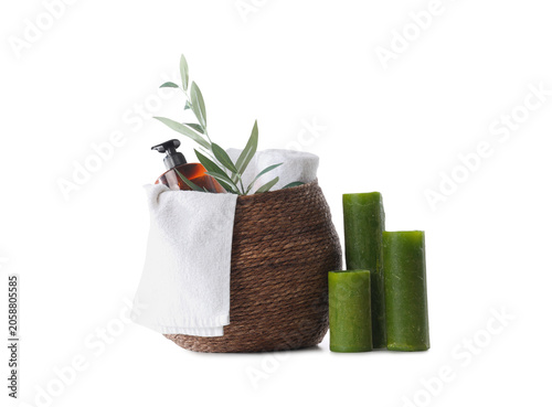 Wicker basket with towels, ...