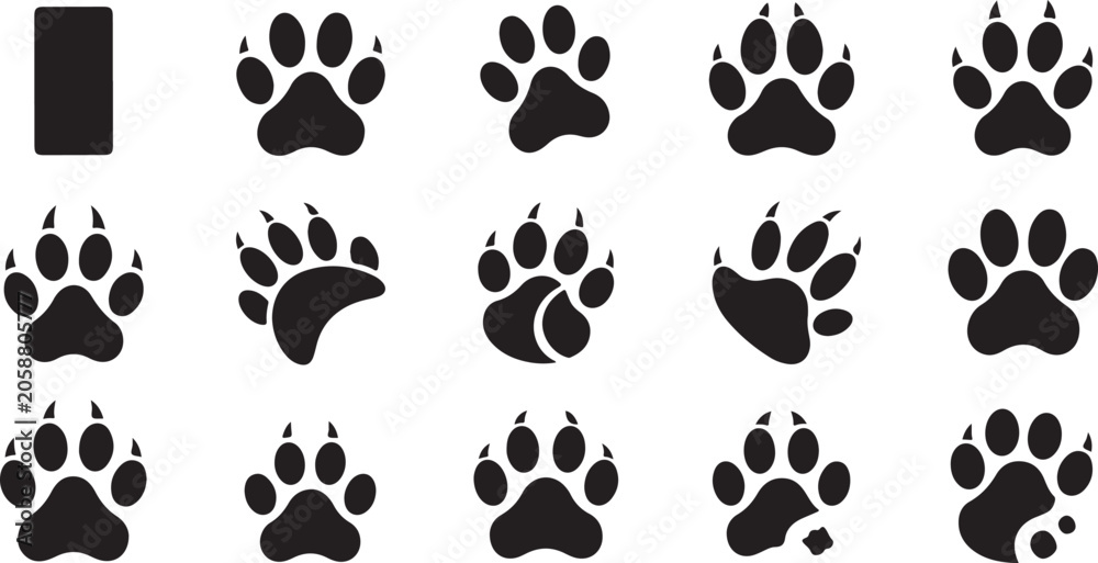 Fototapeta premium Animal Paw Prints, Black Footmarks, Pet Foot Icons, 15 Vector Symbols