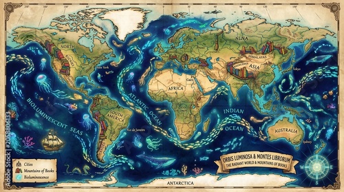 Detailed Fantasy World Map with Deep Ocean Currents and Continents, Adventure and Discovery Concept