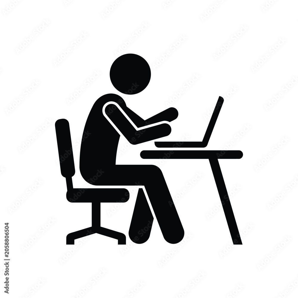 Fototapeta premium Stick figure working on a laptop at an office desk Stick figure working on a laptop at an office desk