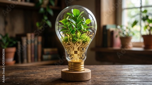 Glowing light bulb with a green plant growing inside, sustainable energy concept, environmental protection, renewable energy, green technology, innovation