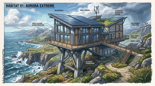Futuristic cabin on stilts in a mountain landscape with solar panels, extreme terrain architecture, sustainable living, remote energy generation