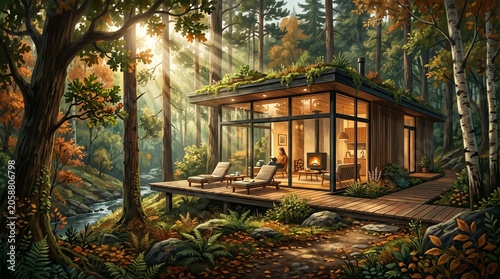 Modern glass-walled cabin retreat in a sunny forest, sustainable architecture, nature connection, peaceful lifestyle, getaway, ecotourism
