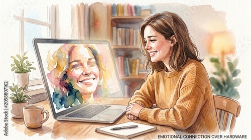 Young woman smiling during a video call on her laptop, cozy home environment, remote communication, digital lifestyle illustration