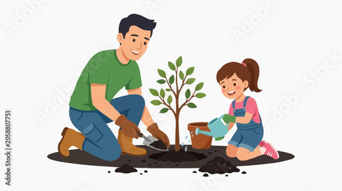 A father and daughter planting a tree together, fostering a connection with nature and teaching environmental responsibility Isolated on white background